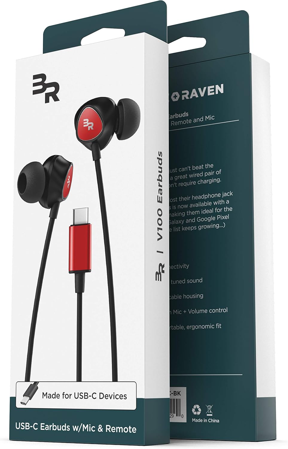 Bolle & Raven Thore USB Type C Earbuds | in Ear Wired Headphones with Microphone Remote | for S21 / S22 / S23 / S24 / S25 Ultra, Pixel 4/5 XL/6/6a/7/8 Pro, iPad Pro - Red