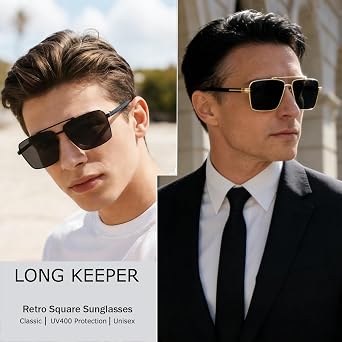 Long Keeper Pilot Sunglasses for Men Retro Square Double Bridge Sunglasses Vintage 70s Metal Sun Glasses Sunnies for Travel Driving UV400 Protection