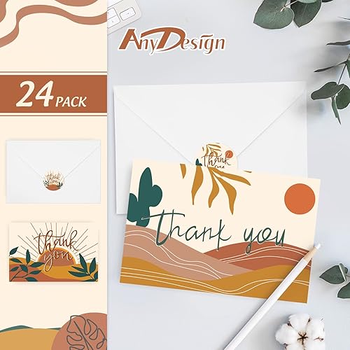 Miniatura 3 de Tarjetas de agradecimiento bohemias a granel, paquete de 36 notas de agradecimiento bohemias con sobres, calcomanías abstractas, arco iris, sol,