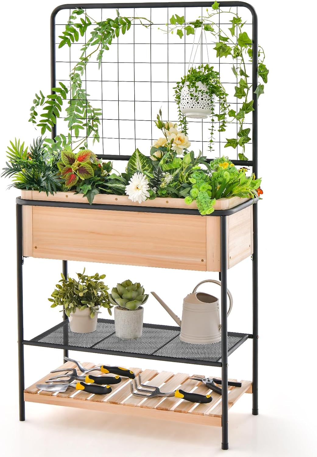 HAPPYGRILL Outdoor Raised Garden Bed, 59” Wooden Elevated Planter Box w/Open Storage Shelves, Removable Grid Divider, Drain Holes & Black Liner, Raised Garden Bed w/Legs & Trellis for Vegetables