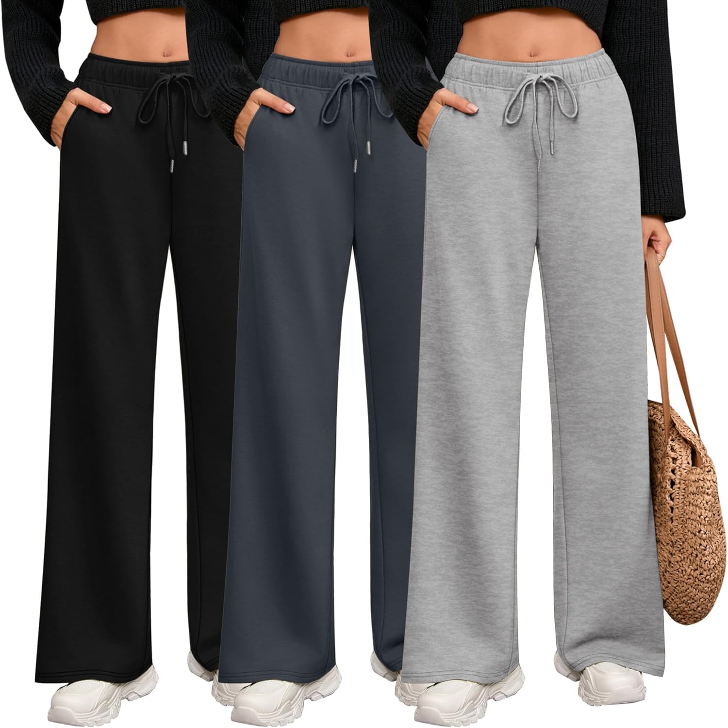 Riyiper 3 Pack Women Wide Leg Sweatpants Drawstring Straight Pants Elastic Waist Joggers Open Bottom Sweatpants with Pockets