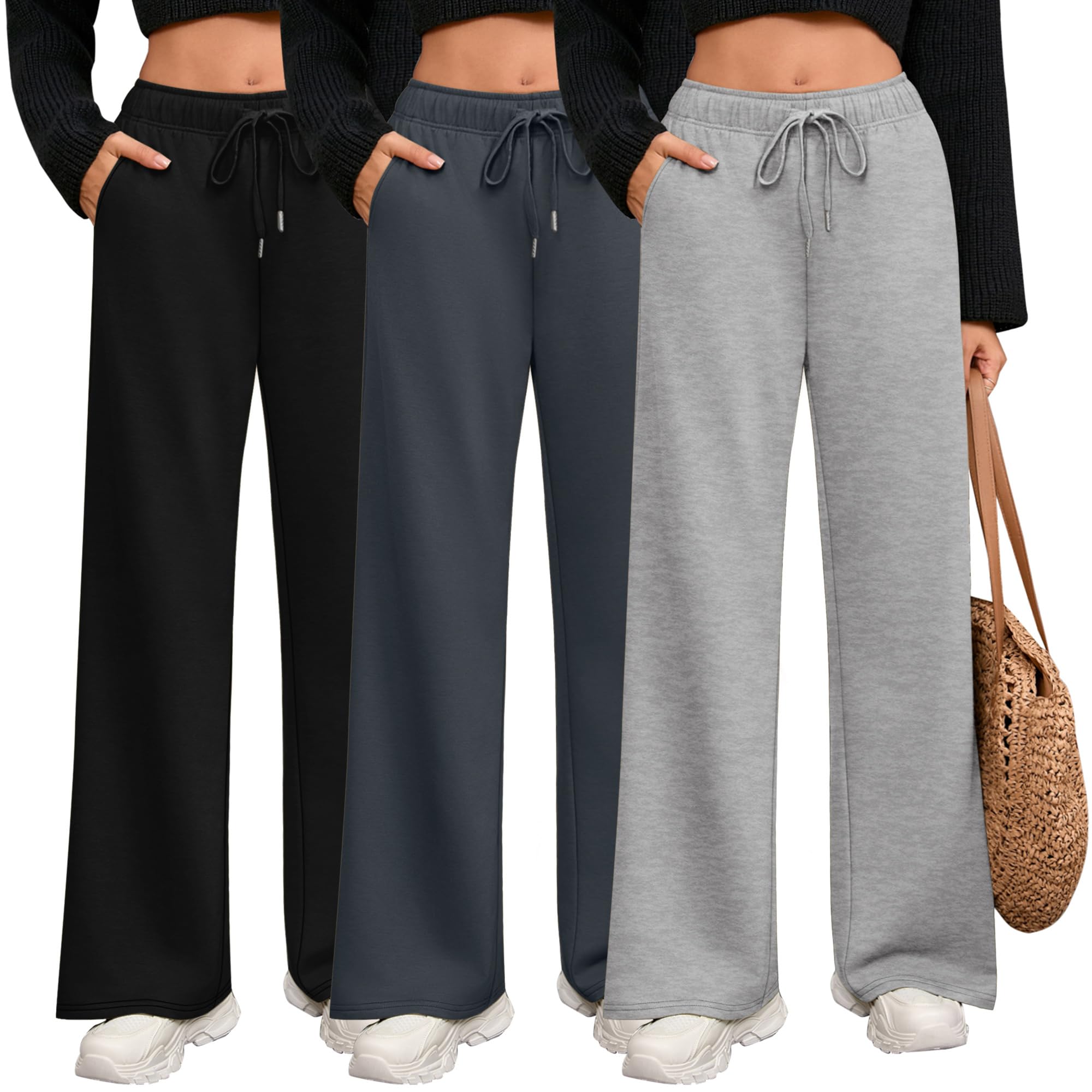 Riyiper 3 Pack Women Wide Leg Sweatpants Drawstring Straight Pants Elastic Waist Joggers Open Bottom Sweatpants with Pockets