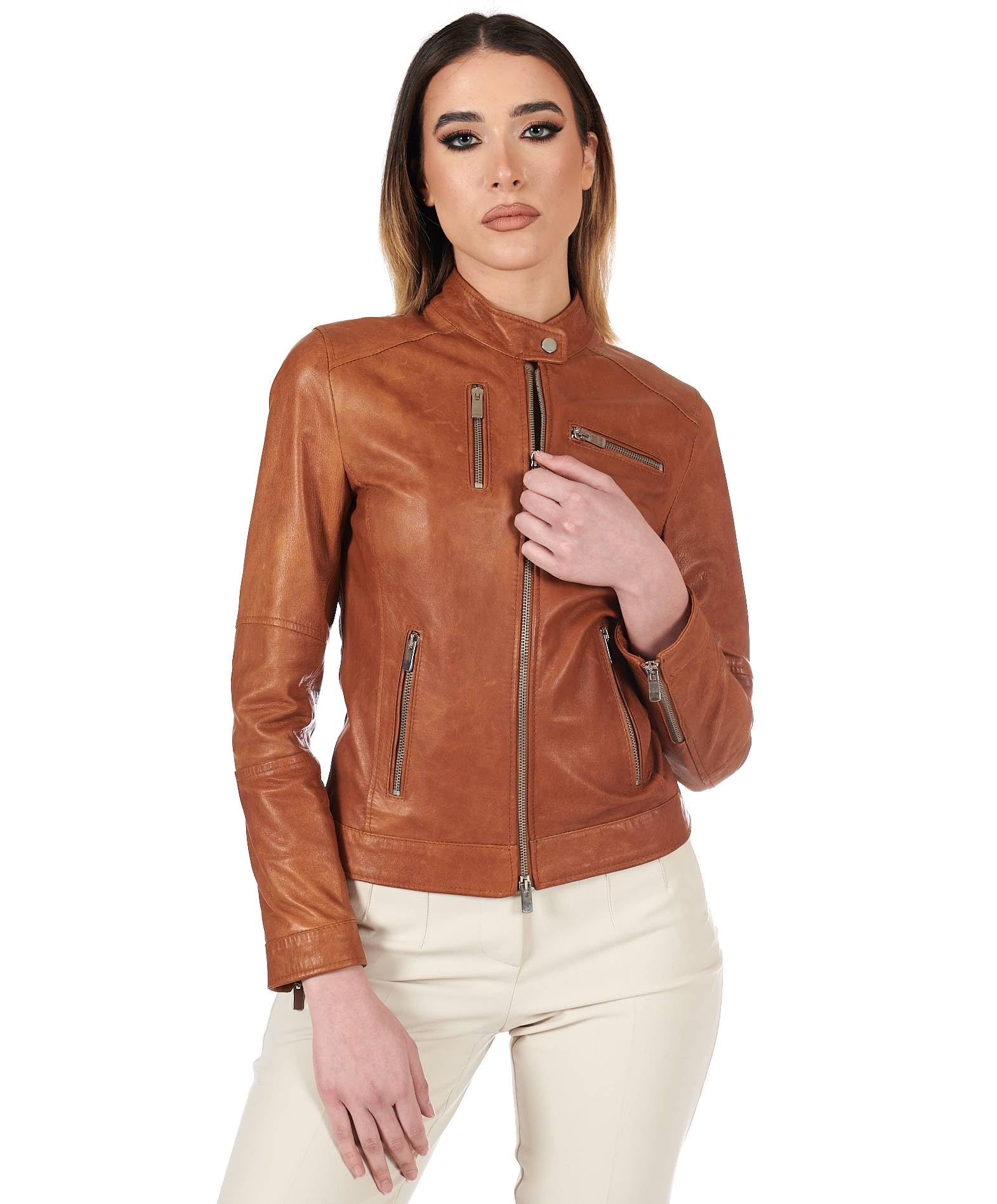 D'Arienzo Giacca Pelle Donna Cuoio Vinatge Biker Vera Pelle Made in Italy Giulia