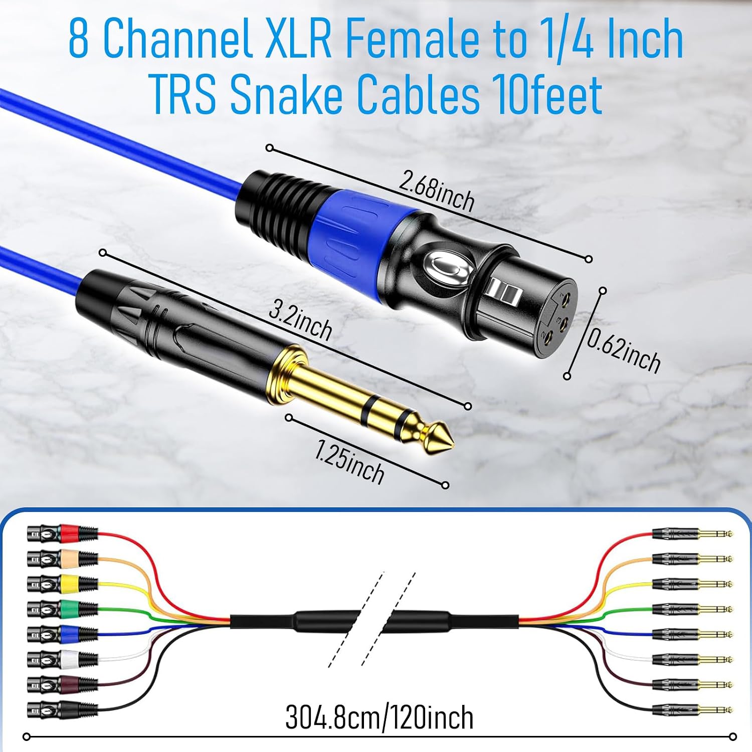 8-Channel XLR Female to 1/4 Inch TRS Snake Cable 10FT, 6.35mm Stereo Jack Balanced to XLR Microphone Cable