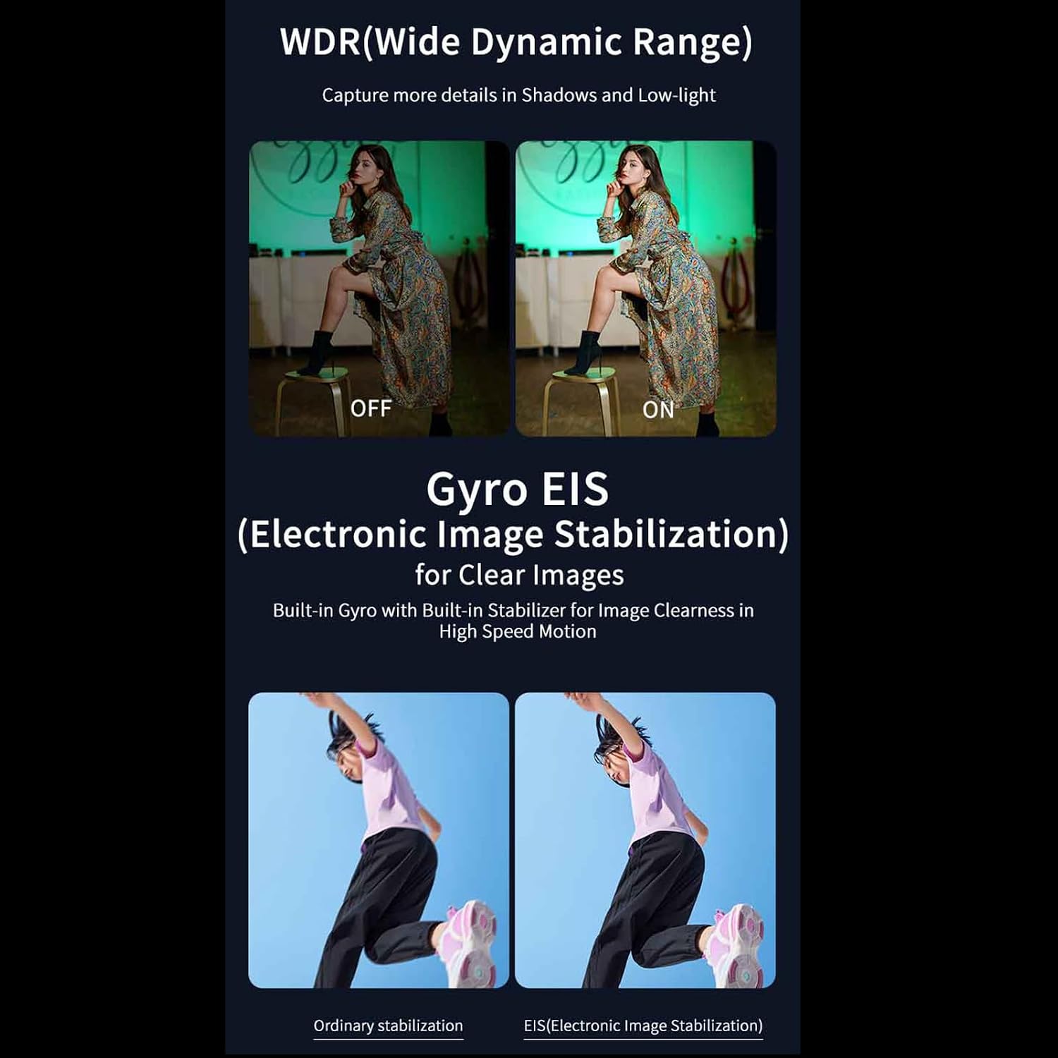 Comparison of WDR off and WDR on, showing improved detail in shadows and highlights with WDR enabled. Also shows EIS stabilization.