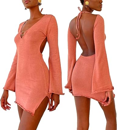 Amazon.com: Mieeyali Vestido ajustado de manga larga acampanada para mujer,  cuello en V, sin espalda, con tirantes, naranja/fiesta de bloques, L :  Ropa, Zapatos y Joyería