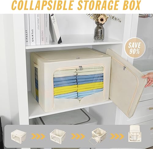 Miniatura 2 de 3 contenedores de almacenamiento de ropa con marco de metal, contenedores plegables de tela con tapa, cremalleras de ventana transparentes y asas