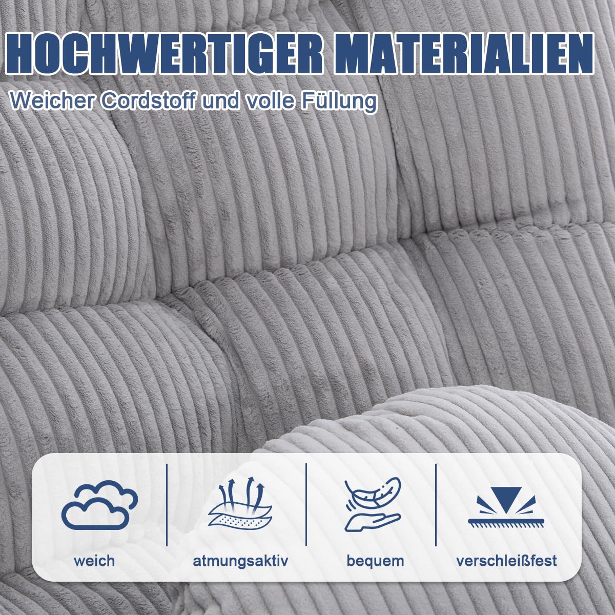 Schaukelstuhl mit Verlängerbarer Fußhocker, Indoor & Outdoor-Rattansessel ohne Armlehnen mit Kissen und Seitentasche, Rutschfesten Füßen, für Wohnzimmer, Balkon, Schlafzimmer, Hellgrau Cord