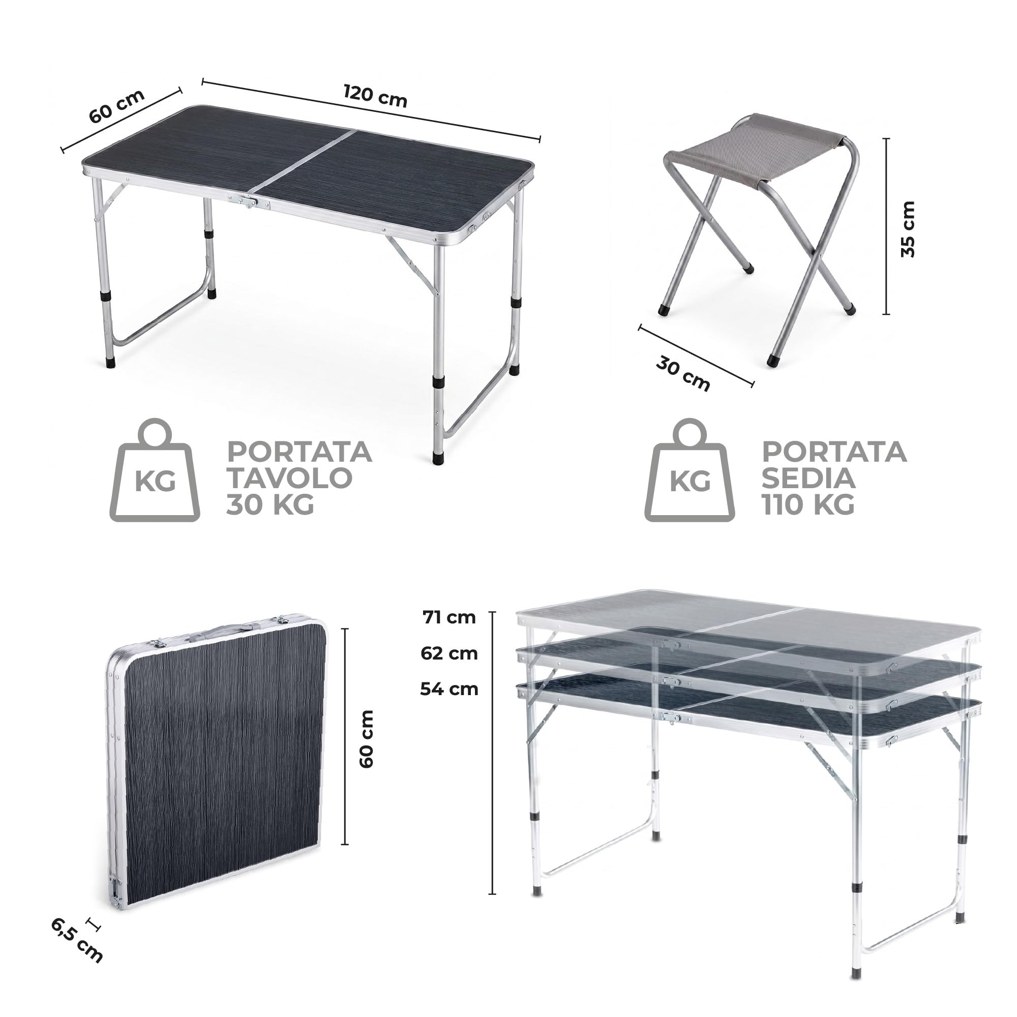 IlGruppone Set Tavolo Pieghevole da Campeggio con 4 Sgabelli, Altezza Regolabile 54-71 cm, Tavolo Richiudibile a Valigia 120x60 cm, Struttura in Alluminio, Portatile per Camping, Picnic e Giardino