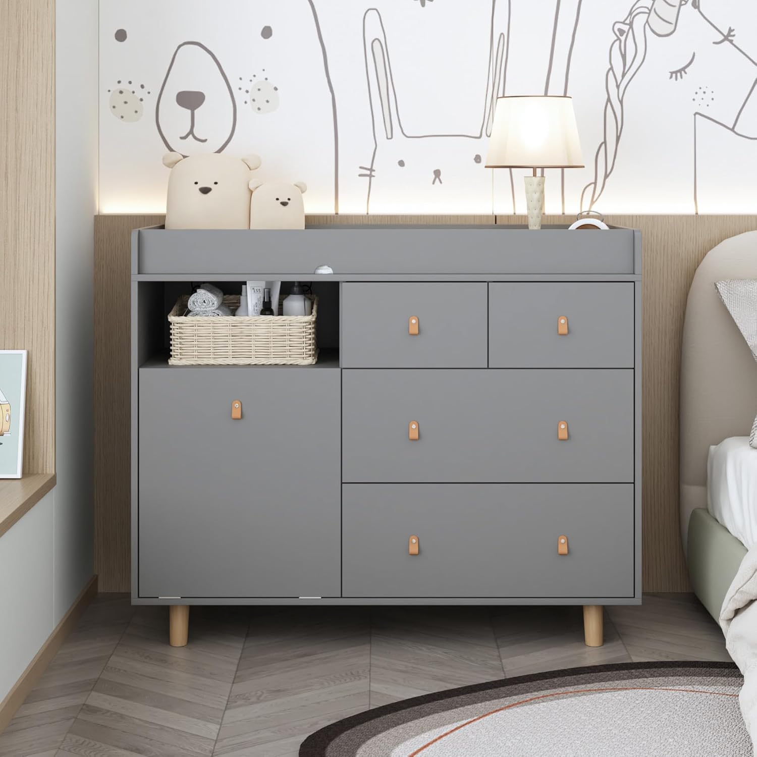 Timechee Baby Changing Table Dresser, Modern Nursery Changing Dresser Chest for Infants with 5 Drawers & 1 Shelf, Large Storage Diaper Changing Station for Daycare, Gray