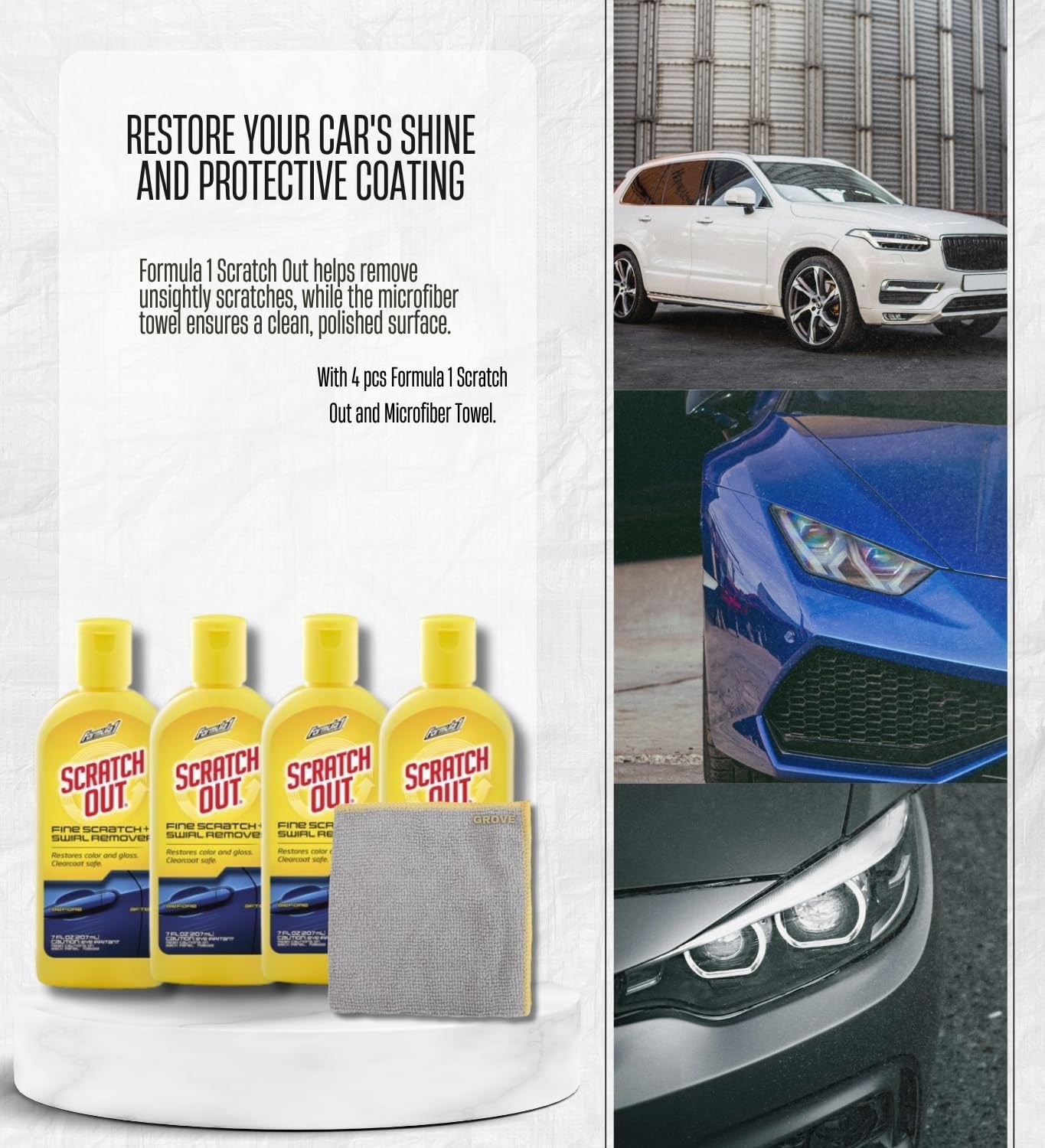 4x Formula 1 Scratch Out Auto Car Scratch Remover 7 oz Bundle with Microfiber Cloth – Reduces Appearance of Fine Scratches and Restores Paint Shine – Gift Set (5 Items)