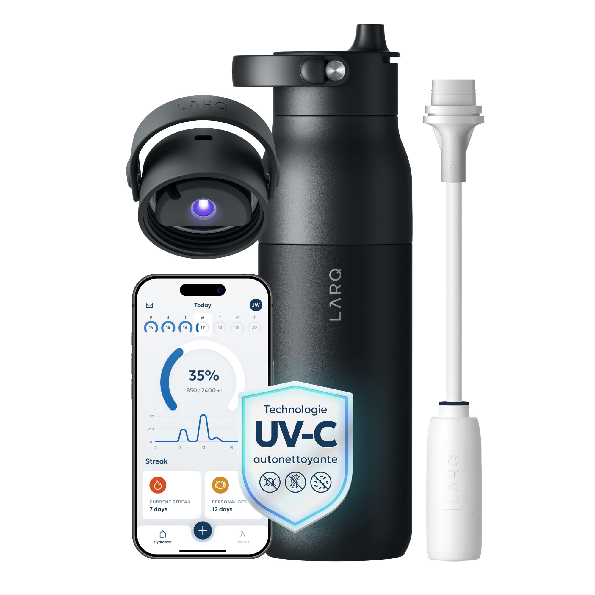LARQ PureVis 2 Bouteille d'Eau Intelligente avec Filtre - Auto-Nettoyante UV, Suivi d'Hydratation via App, Acier Inoxydable Isolé - Garantie 2 Ans - 680ml