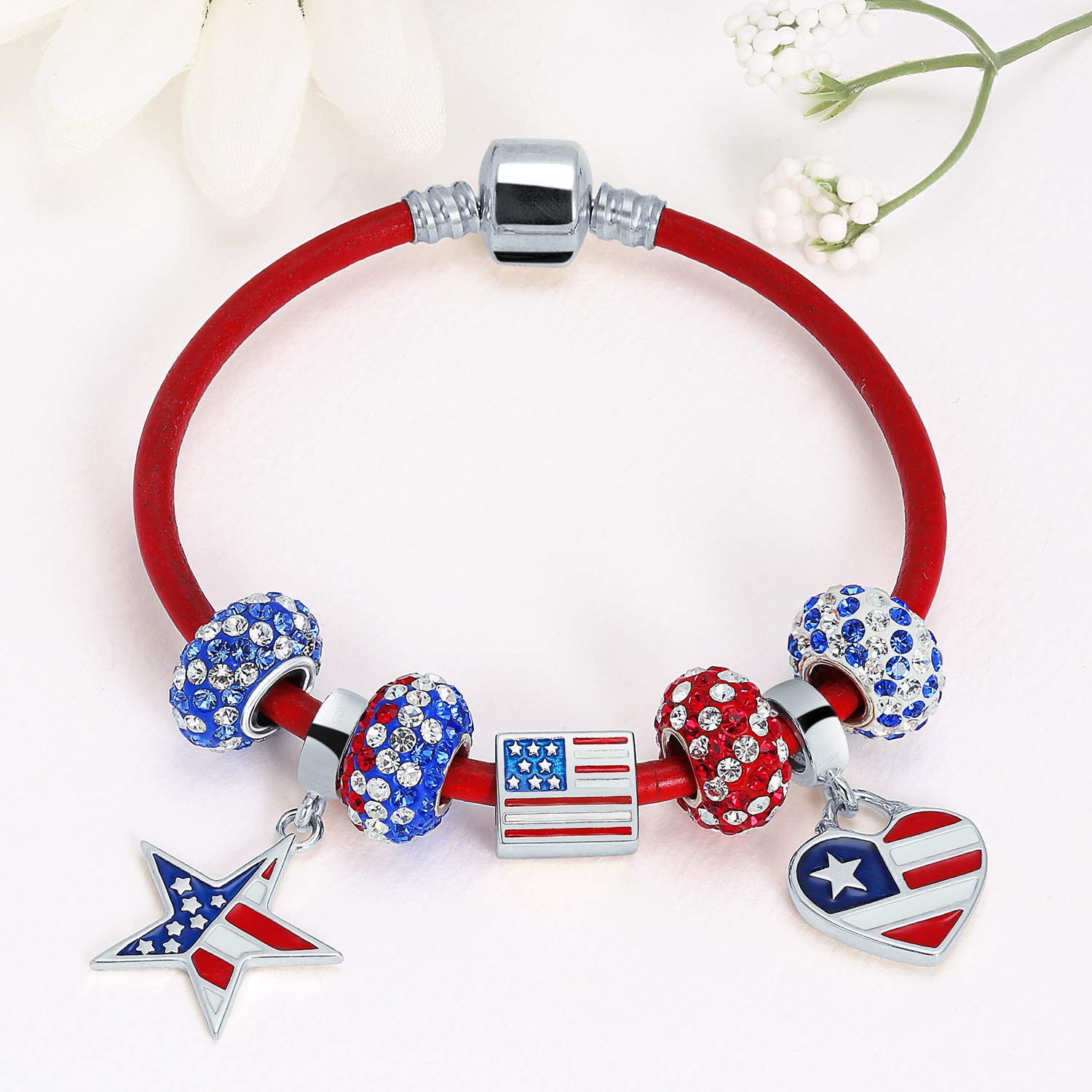Bling Jewelry Bracciale Unisex Semplice Nero Rosa Rosso In Vera Pelle Per Charms E Perline Per Donne Adolescenti .925 Argento Chiusura Rotonda A Barile 6-9 Pollici