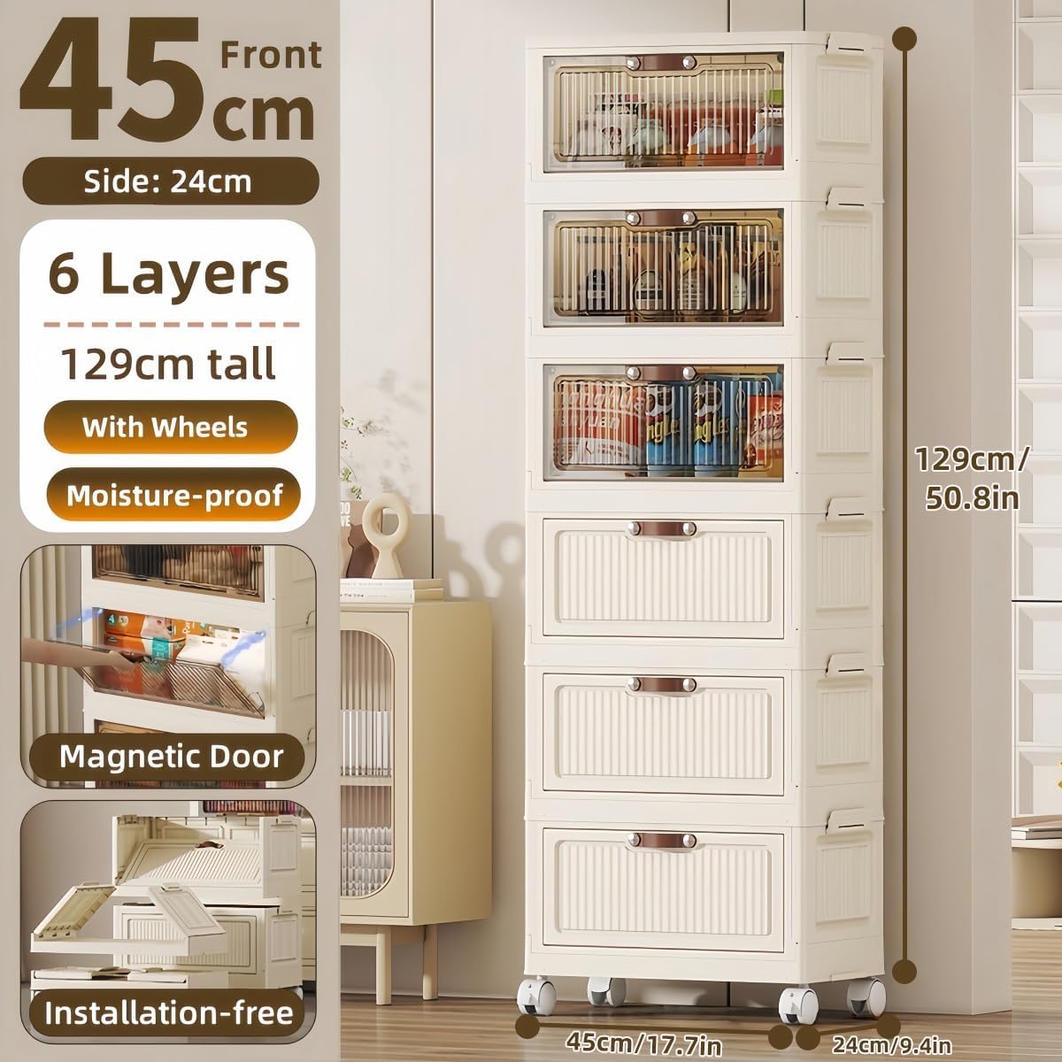 6 Tier Foldable Storage Cabinet with Lids, 24QT Stackable Closet Organizers and Storage with Wheels,Stackable, Magnetic Doors, for Living Room,Office,Dorm (Clear)