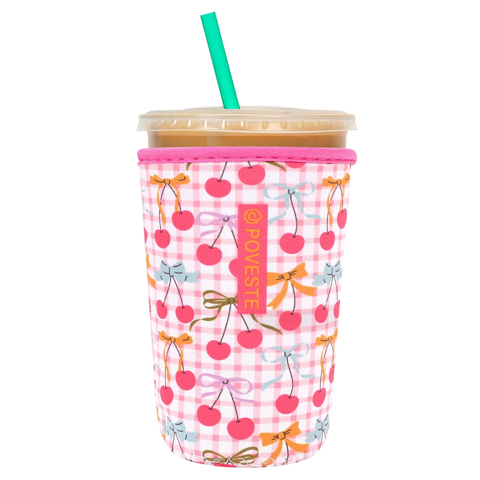 Reusable Neoprene Insulator Sleeve for Iced Coffee &amp; Cold Soda, Coffee Sleeves for Iced &amp; Hot Drinks, Cold Beverage Cooler Compatible with Starbucks, Dunkin (Cherry Picked, Medium: 22-24oz)