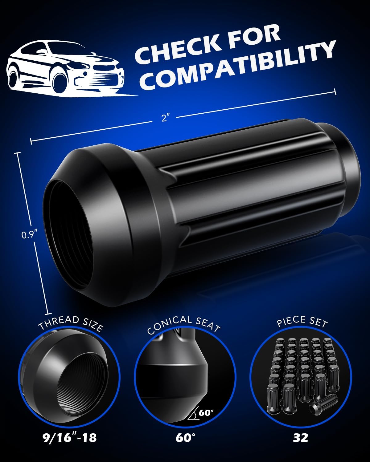 OMT 9/16-18 Wheel Lug Nuts 32 Pack, Black 9/16 x 18 Trim Lug Nuts 2 inches Tall Spline Drive Cone Seat with Socket Compatible with Dodge 1994-2011 Ram 2500 3500 Aftermarket Wheel 8x6.5 5x5.5