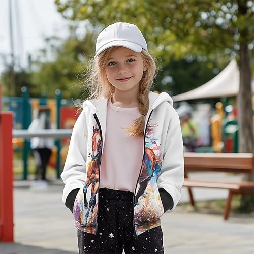 JEOCODY Kids Jackets Girls Outwear Boys Clothes Soft Tops Long Sleeve Shirts with Pockets(Horse Painting Printed,14-16 Years)
