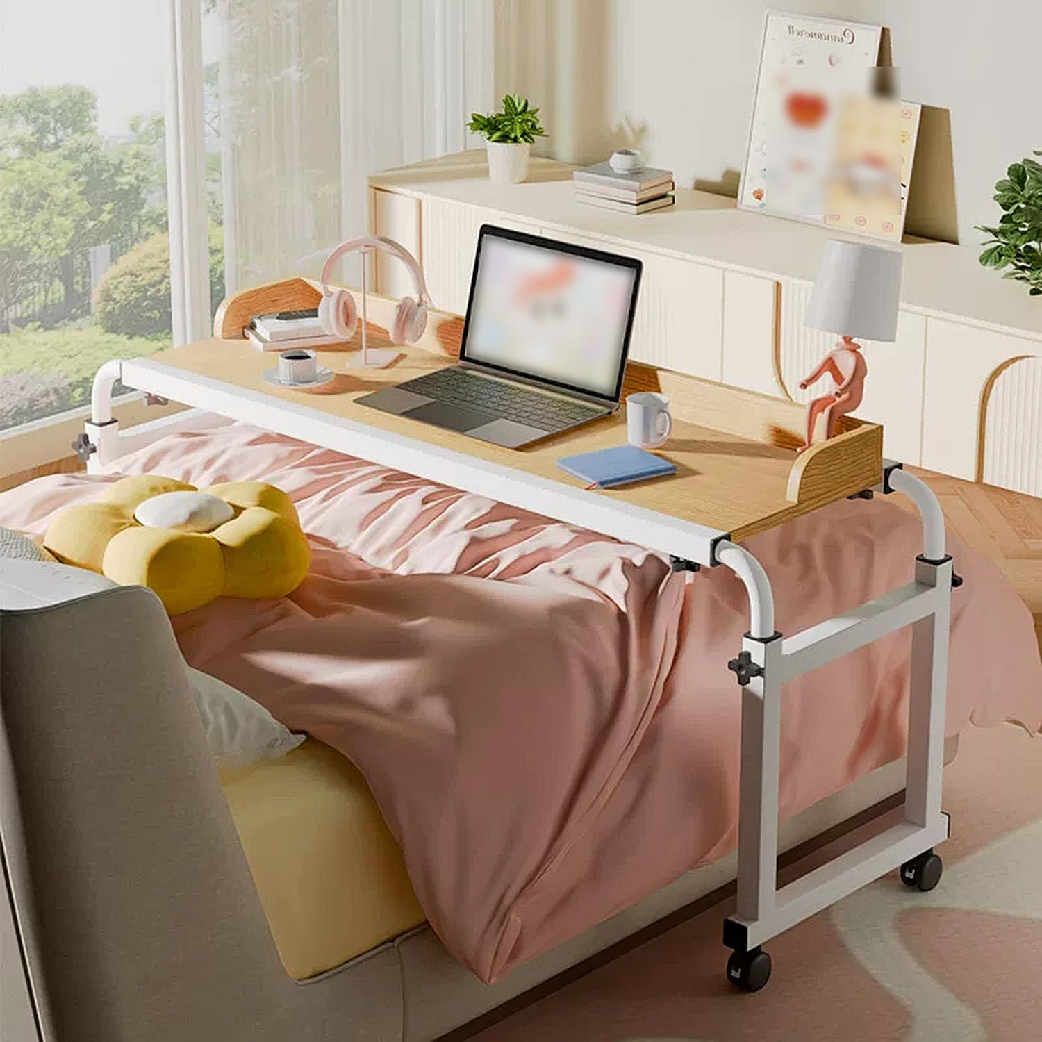 GXQFC Overbed Table with Extendable Top, Mobile Laptop Desk Adjustable Height 65-95CM & Length 115-210CM Mobile Over The Bed and Recliner Table for Work Gaming Breakfast Applying Makeup(Color:Wood)