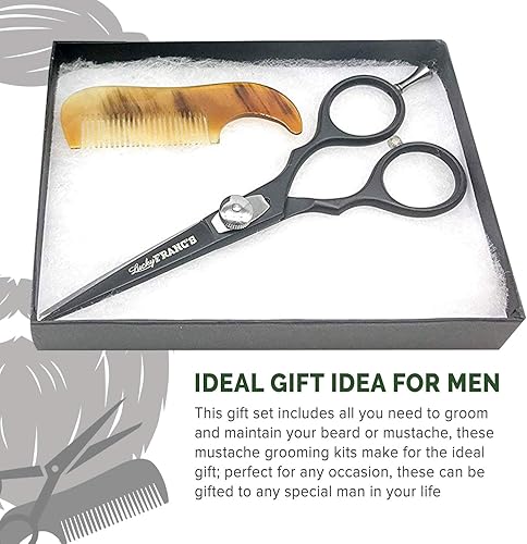 Miniatura 6 de Lucky Franc's Kit de aseo de barba con tijeras de barba japonesas y cuerno de buey hecho a mano mini peines de barba para hombres. Kit de recorte de