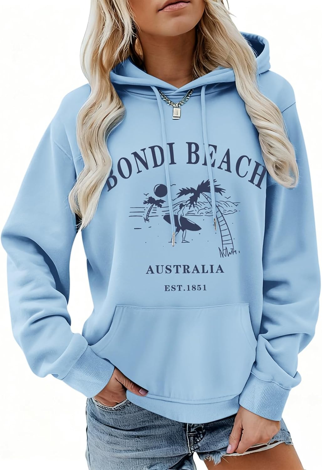 BINTEHGS Oversized Graphic Hoodies Palm Beach Hoodie Women Preppy Pullover Sweatshirt Letter Print Casual Sweatshirts Tops