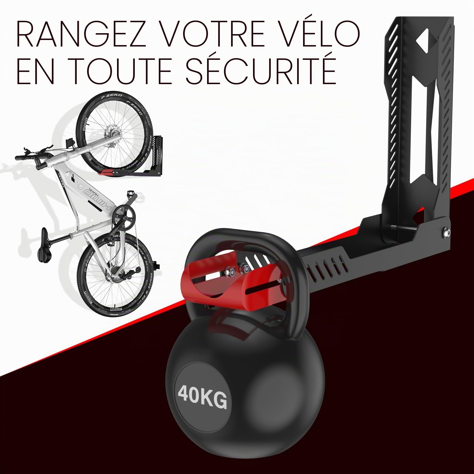 IMAYCC Support mural Professionnel Pivotant pour Vélo, sans Levage Lourd, Peu Encombrant pour le Garage, Facile à Accrocher et à Enlever, Peut Supporter Jusqu'à 40 kg (Noir-Rouge, 1 pièce)