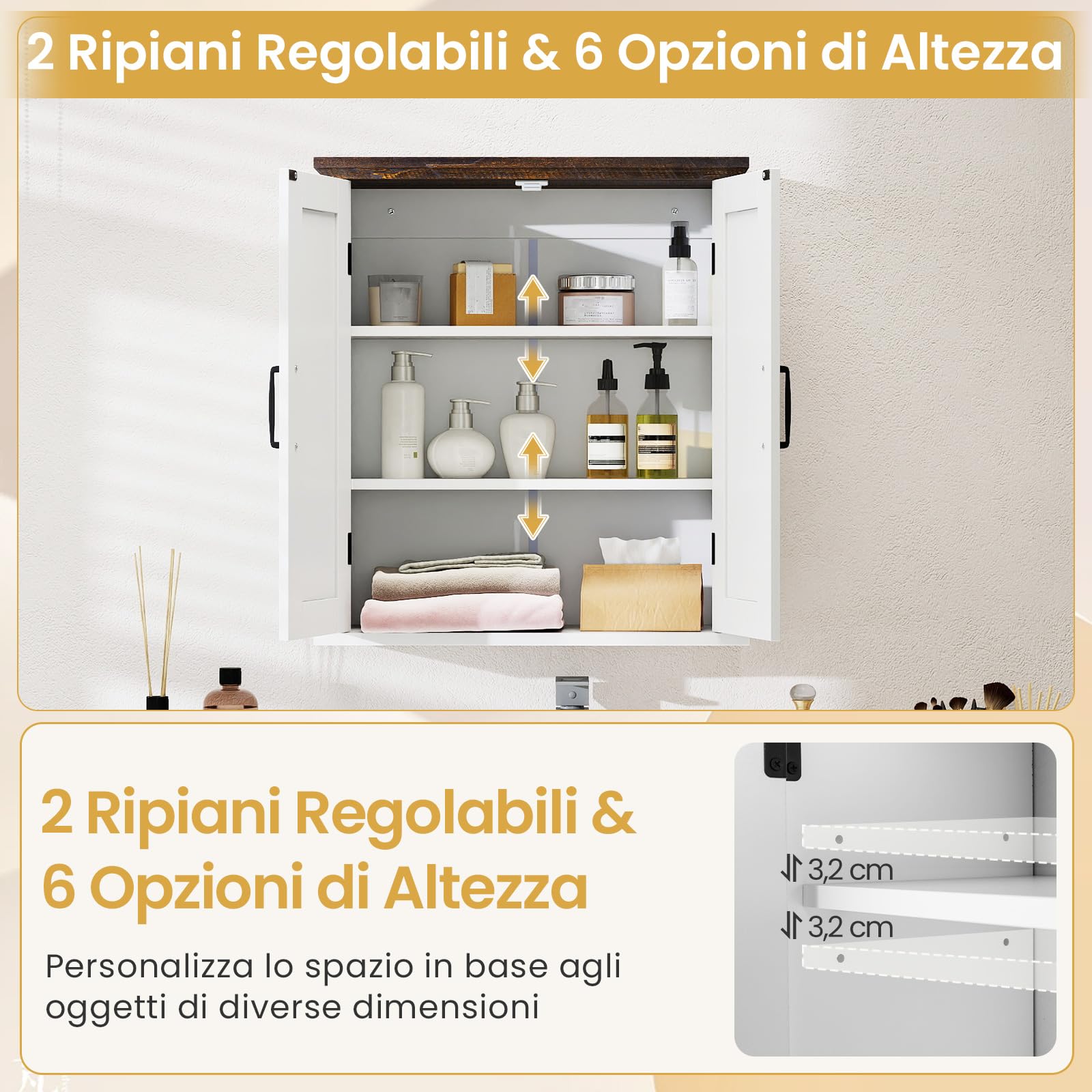 COSTWAY Mobile da Parete per Bagno, Mobiletto Salvaspazio Farmhouse per Farmacia con 2 Ante e Ripiani Regolabili, Specchio Contenitore per Soppalco Sopra il WC per Cucina, Lavanderia e Ingresso