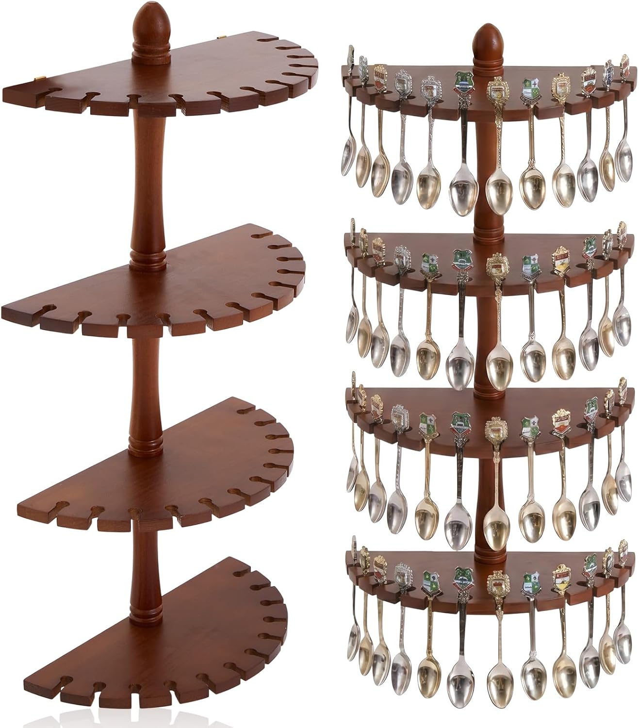 Curved Brown Wood Spoon Display Case Wall Mountable 48 Spoon Rack 4 Shelves for Kitchen Dining Room 26" H x 11.25" W x 4" D