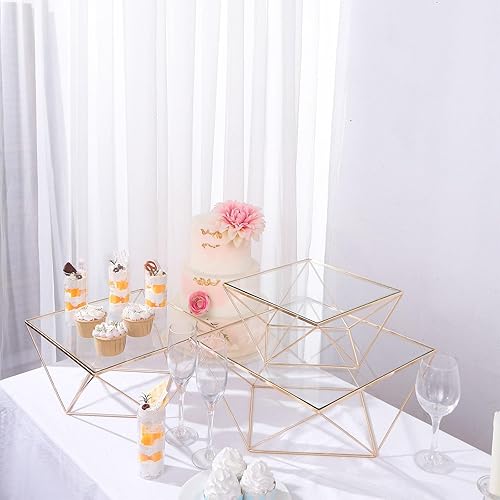 Efavormart - Juego de 3 soportes geométricos de metal para tartas doradas con parte superior de cristal, acabado metálico brillante para postres,