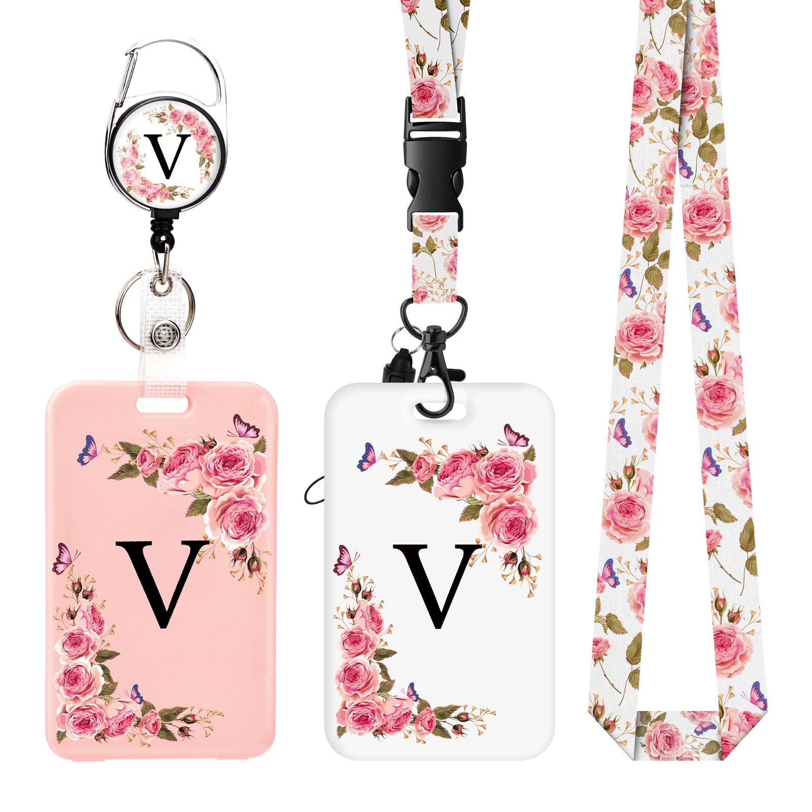 2 Pack A-Z Letter Lanyard with Card Holders, Personalized Card Holders with Retractable Badge Reels and Detachable Lanyard Straps for Women Nurse Teacher Student School Office (V)