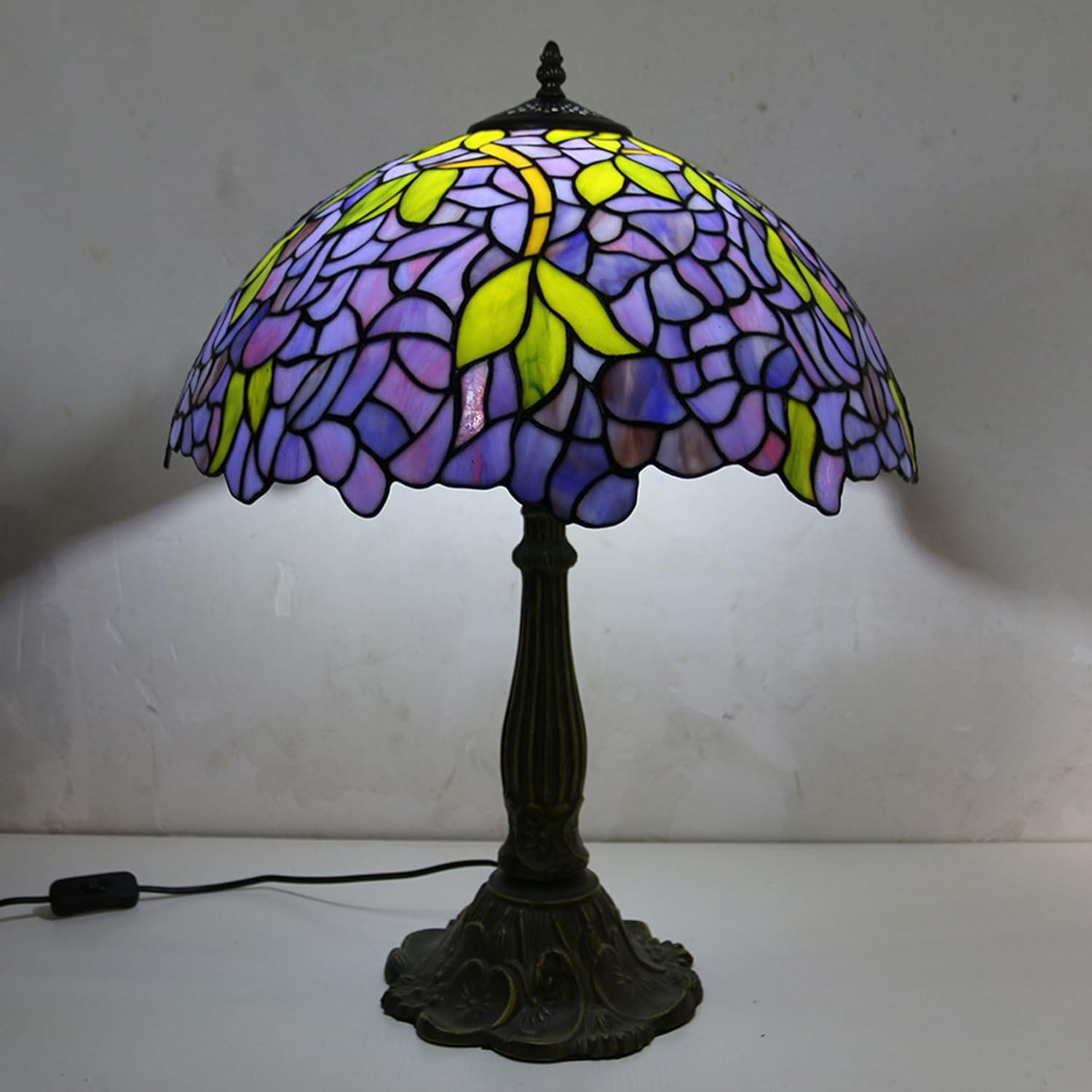 16 Inch Wisteria Lamp Shade Replacement Only Tiffany Stained Glass Lamp Chimney, Vintage Handmade Green Leaf Blue Elegant Floral Light Cover Accessories for Table Lamp Floor Lamp