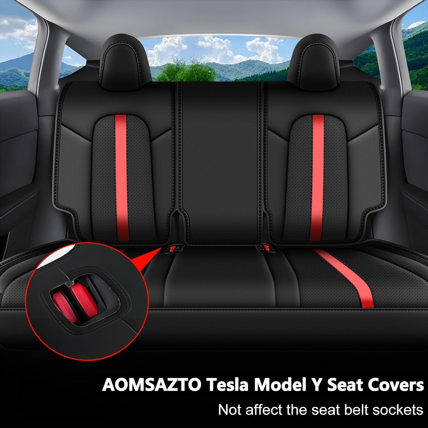 AOMSAZTO Car Seat Cover Fit for Tesla Model Y 2020 2024 - Half Surrounded Customized Seat Covers(Black with Red Stripe)