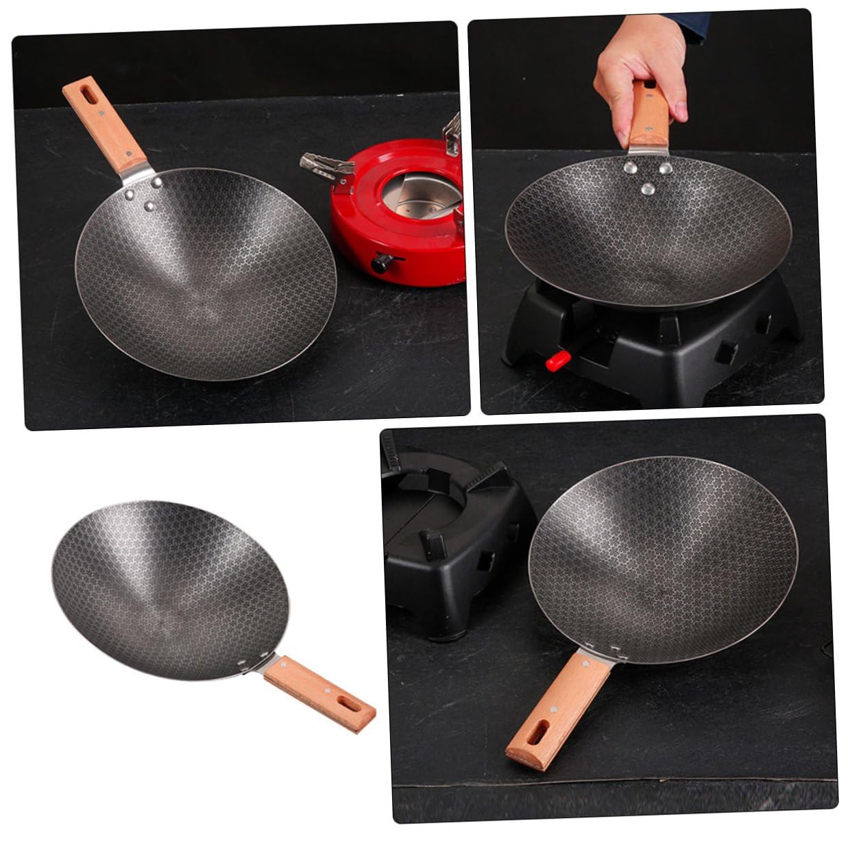 Gatuida Piccola Padella Wok da Esterno in Ferro Manico in Legno
