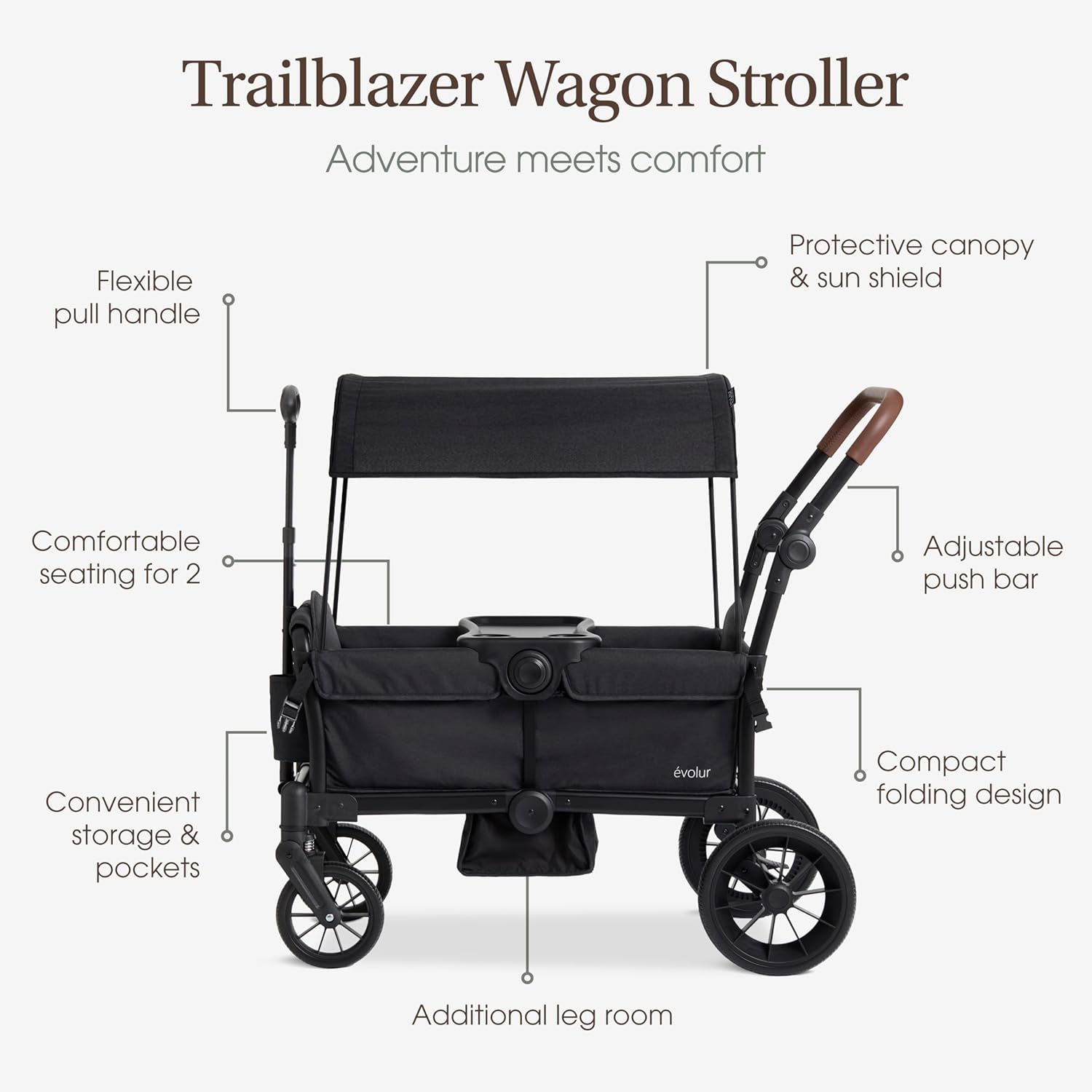 Evolur Trailblazer Wagon Double Stroller in Black, Foldable Infant and Toddler Stroller Wagon, 5-Point Harness, Removable Canopy, All-Terrain Wheels, Spacious Storage for 2 Kids