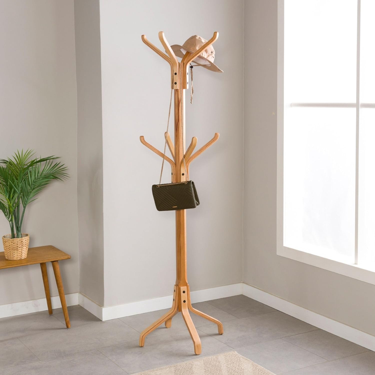 Solid Wood Coat Rack Freestanding, Coat Stands Entryway, Coat Rack Hat Hanger Hook for Jacket, Purse, Scarf Rack, Mid Century Umbrella Tree Stand (8-hook, Natural)