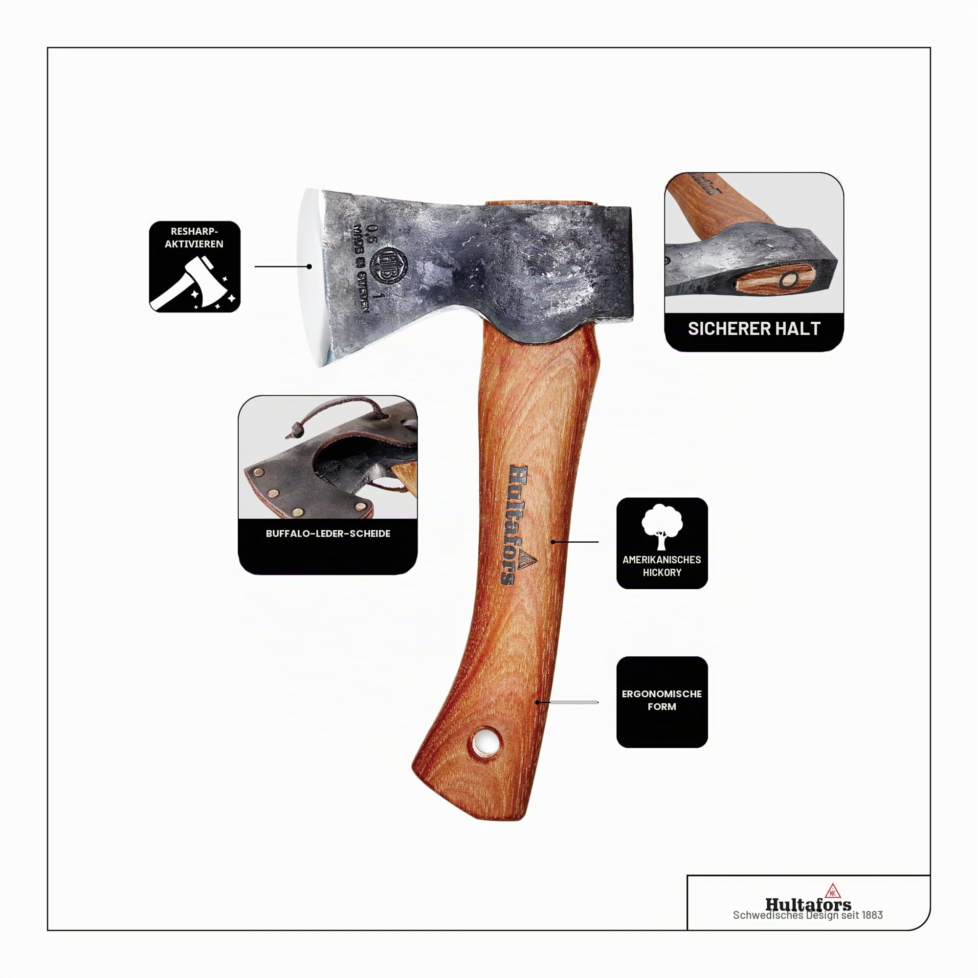 Handgeschmiedetes Beil Agelsjön 235mm aus schwedischem Qualitätsstahl I Hultafors I Geschmiedet in Schweden I 775g Premium Axt mit Hickory Holzstil & inkl. Lederschutz I Nachschleifbares Beil I 841760