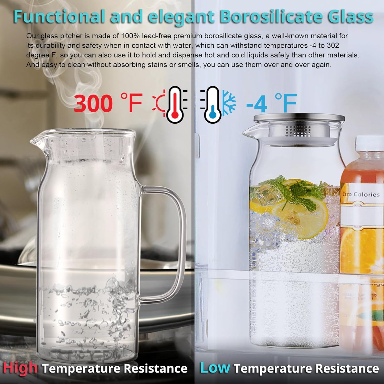 2 liter glass pitcher on countertop next to glasses