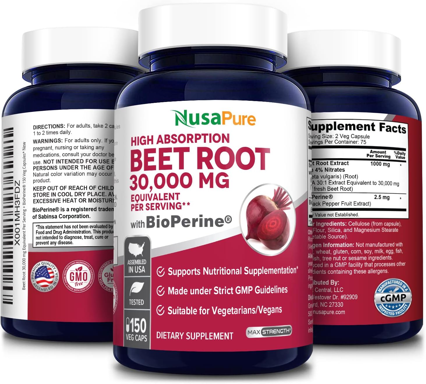 NusaPure Beet Root 30,000mg 150 Veggie caps (Vegan, Non-GMO & Gluten Free,4% Nitrates) Bioperine