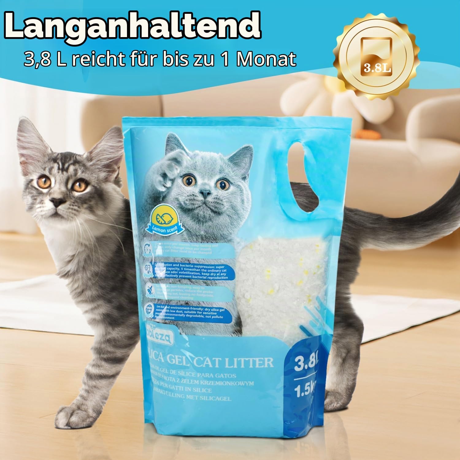 Nobleza Silikat Kristalle Katzenstreu 8 X 3.8L - Hochwertige, Staub, Zitronengeschmack- und klumpenfreie Katzenstreu mit überlegener Geruchskontrolle und effektiver Flüssigkeitsaufnahme
