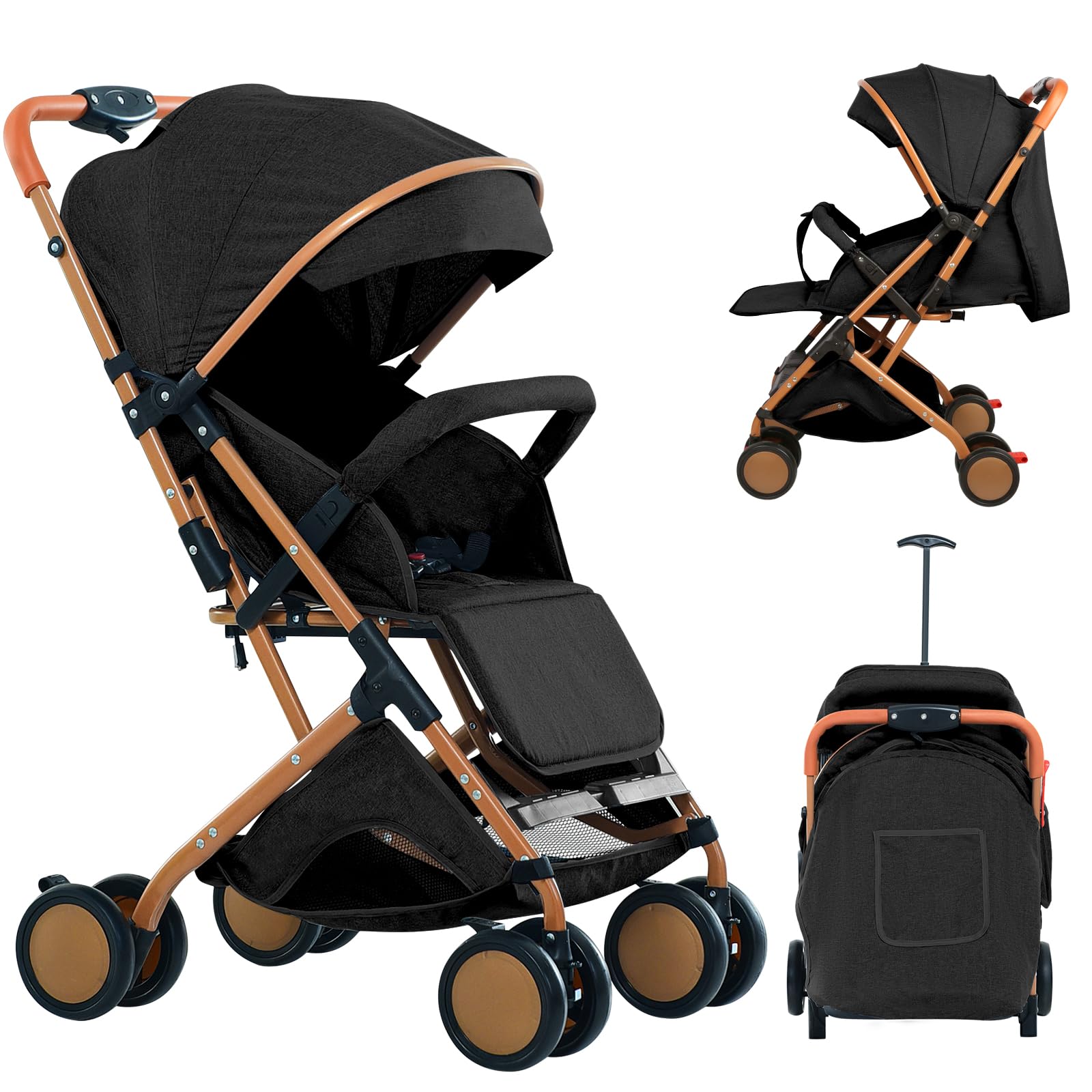 Homewell Passeggino Pieghevole per Bambini 0-6 Anni, Sdraiati Piatti, Pieghevole Una Mano, Cintura Sicurezza, Tettuccio Parasole (Nero)