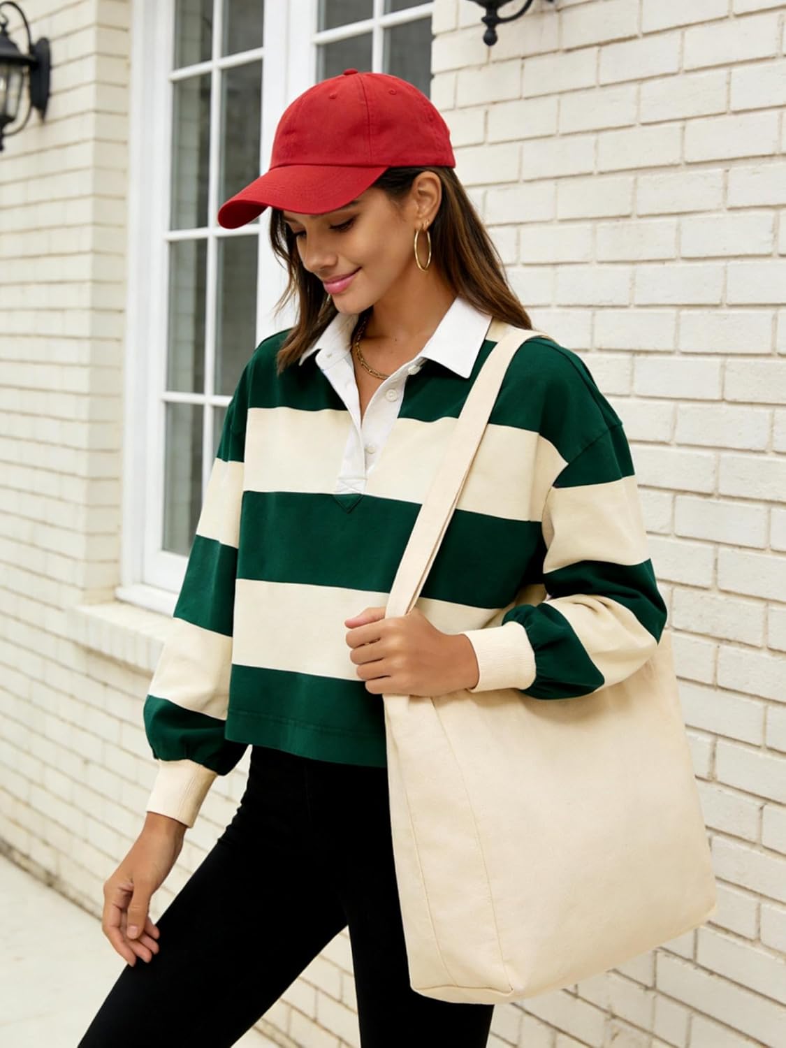 Women's Rugby Shirt Striped Long Sleeve Polo Top Loose Fit Casual Button Closure Blouse