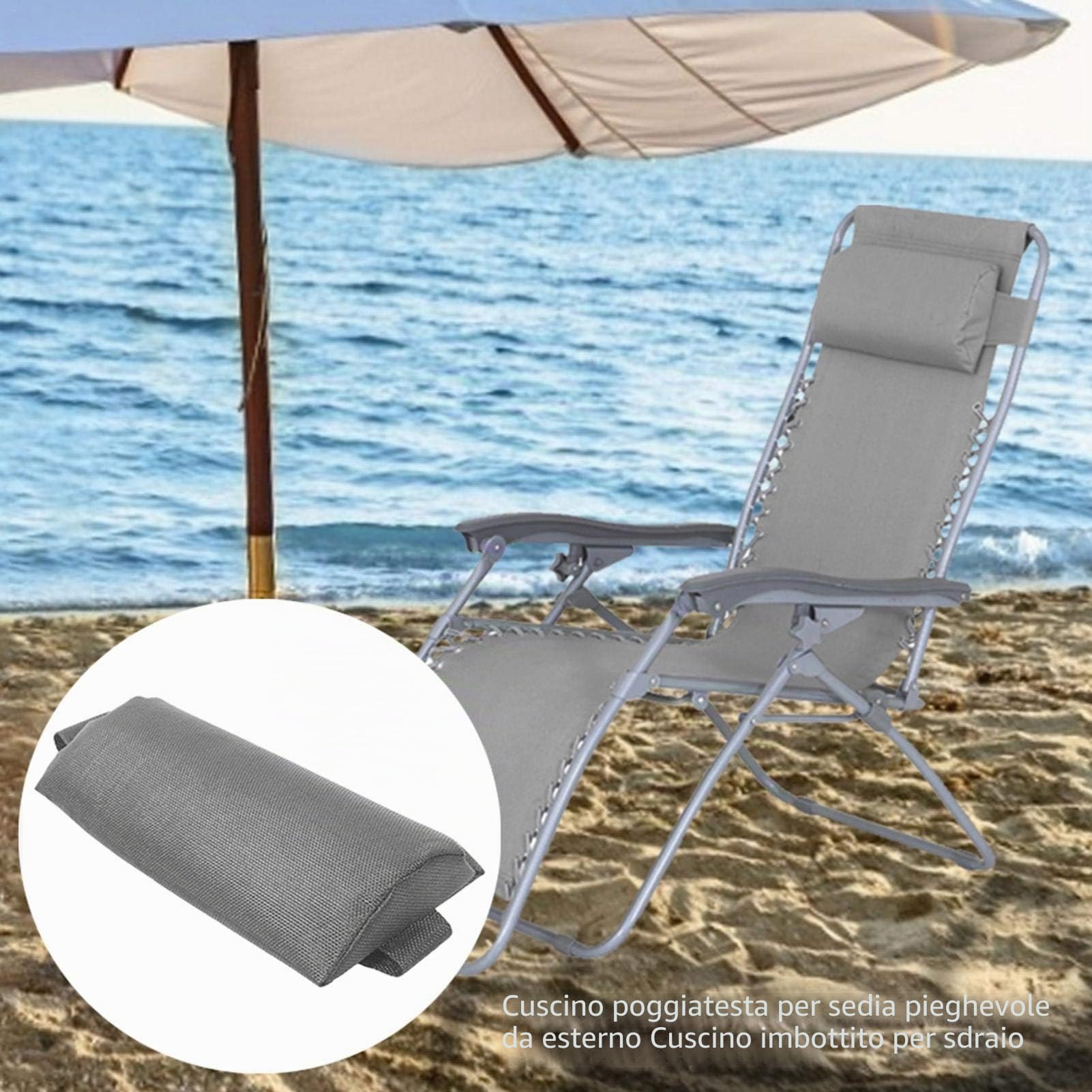 cuscino universale per sedia a sdraio da giardino, sedia a sdraio, cuscino da viaggio, cuscino per il collo con elastico grigio.
