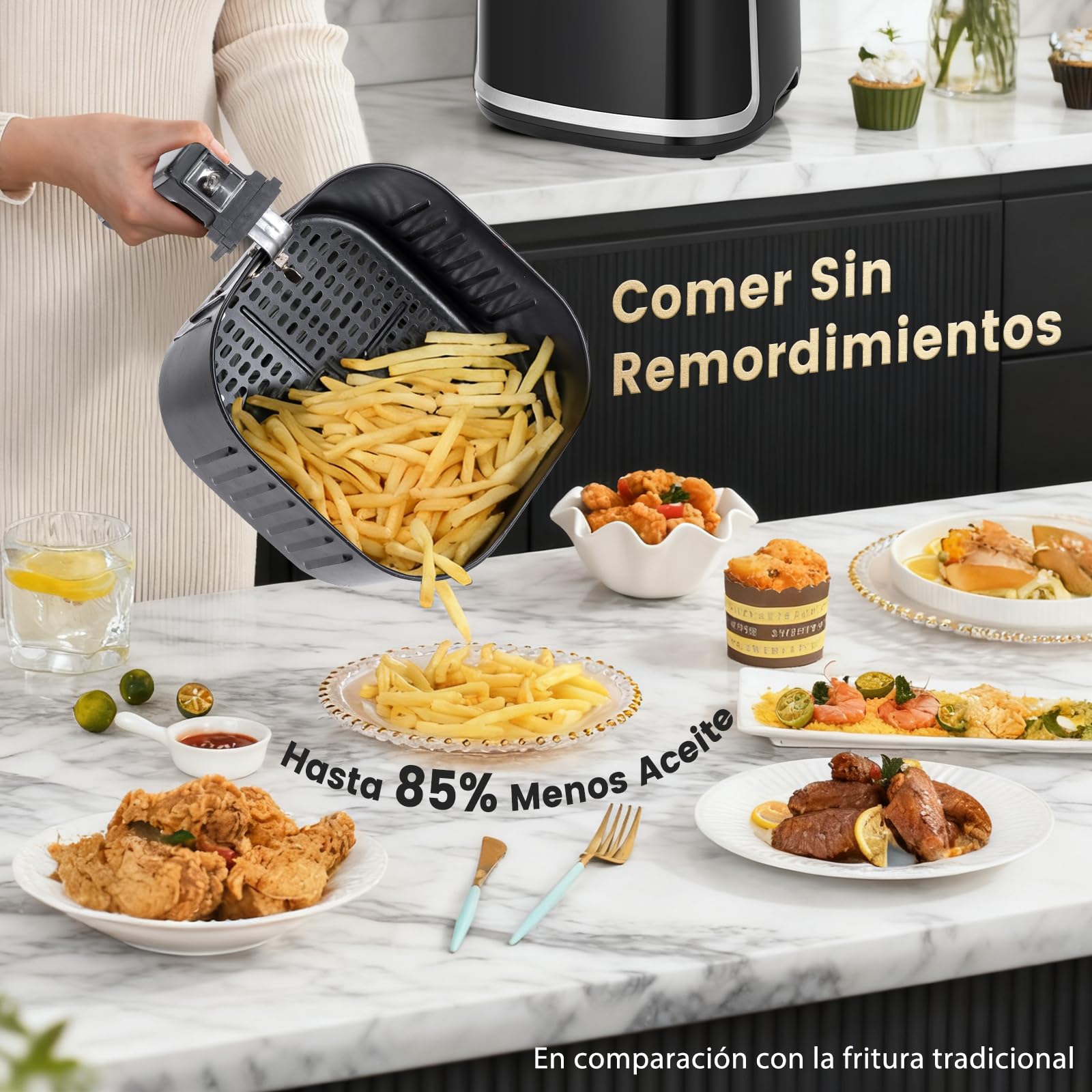 Aigostar Cube Pro - Freidora de Aire 1900W, 7L - Tecnología de Circulación de Aire 360°, Freidora Sin Aceite Eléctrica, Horno de Aire Caliente, 80-200ºC, Panel LED Táctil, Eficiencia Energética