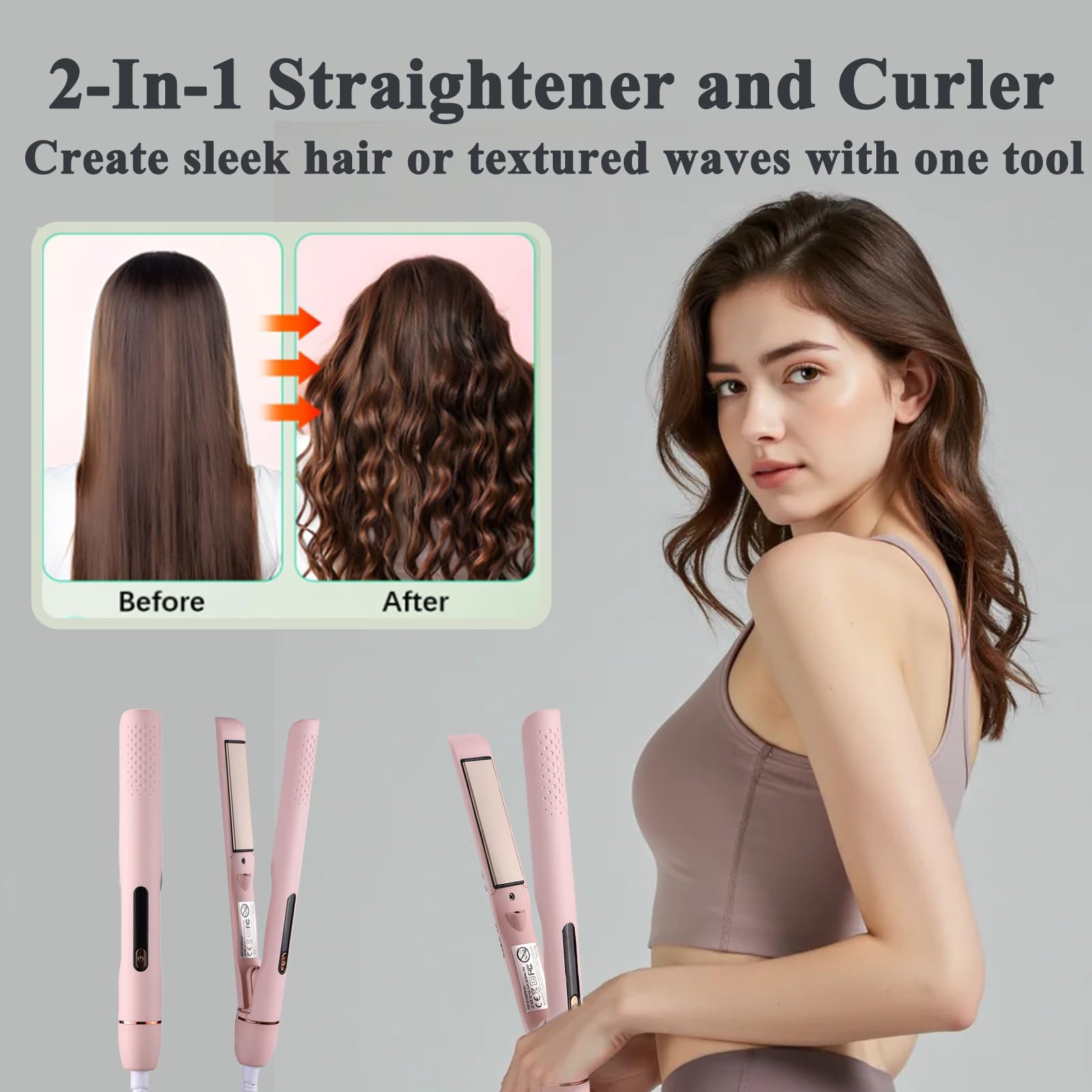 2-in-1 Hair Straightener & Curler Iron with LCD Display, 4 Temp Settings, 30s Fast Heat Up Hair Iron for Hard,Soft & Damaged Hair- Professional Styling Tools for Women (Pink)
