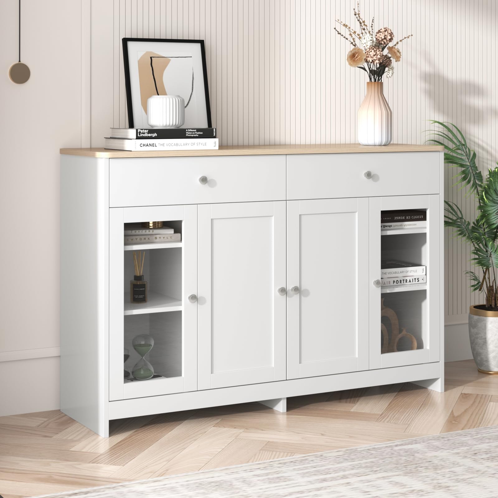 Kredens z białym rysunkiem słojów, komoda z 4 drzwiami i 2 szufladami, komoda z szufladami z regulowanym regałem, uniwersalna szafka do korytarza, salonu, 120 x 37 x 80 cm, kolor drewna i