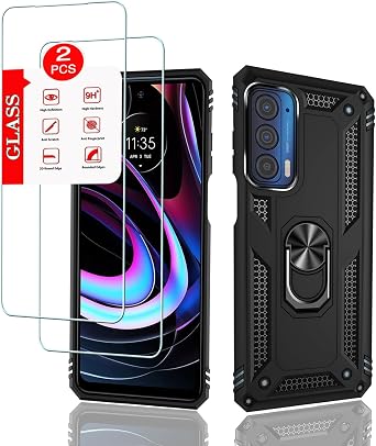 for Motorola Moto Edge 2021 Case with [2 Pack] Glass Screen Protector, for Moto Edge 5G UW Case Magnetic Kickstand Protective [Military-Grade] Phone Cover Black