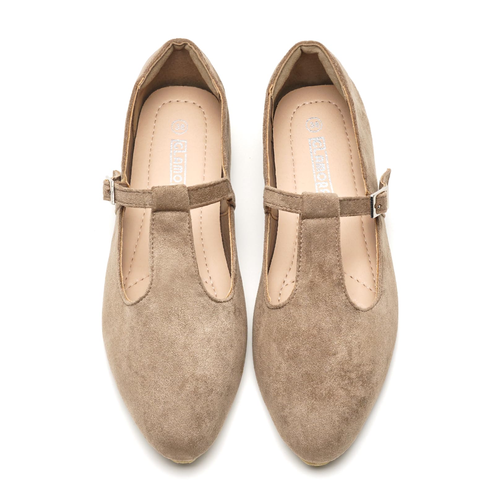 GLAMORA Ballerines Babies Femme Bride T Barre Boucle Réglable Effet Daim Chaussures Plates Bout Amande Salomés Souples Confortables Mary Jane Chaussures Basses