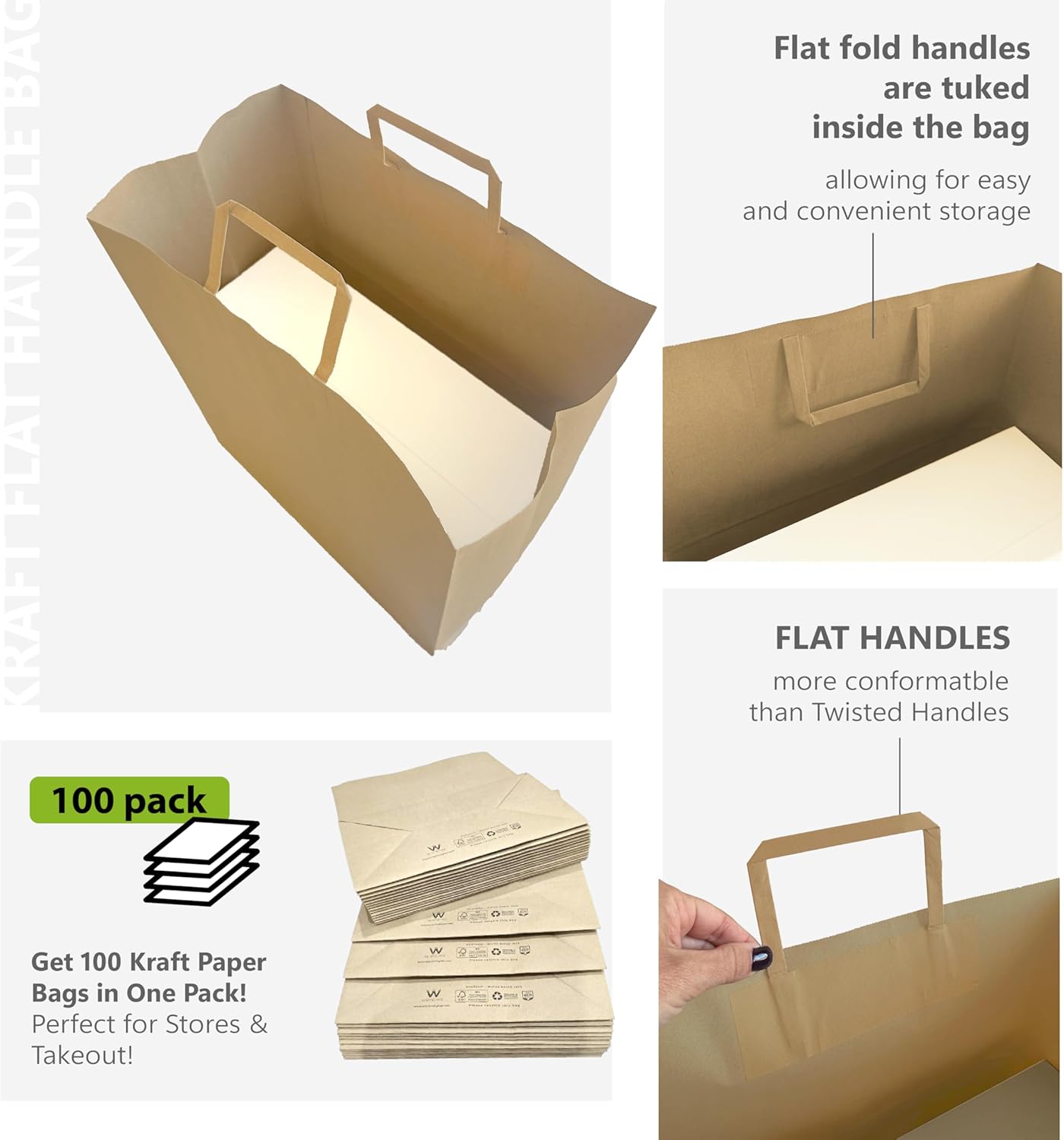 Model MIAMI – Pack of 100 Brown Kraft Takeout Paper Bags with Flat Handles – 13.375 x 7.875 x 15.75 Inches – Heavy-Duty & Perfect for Restaurants, Food Delivery, Retail & Catering
