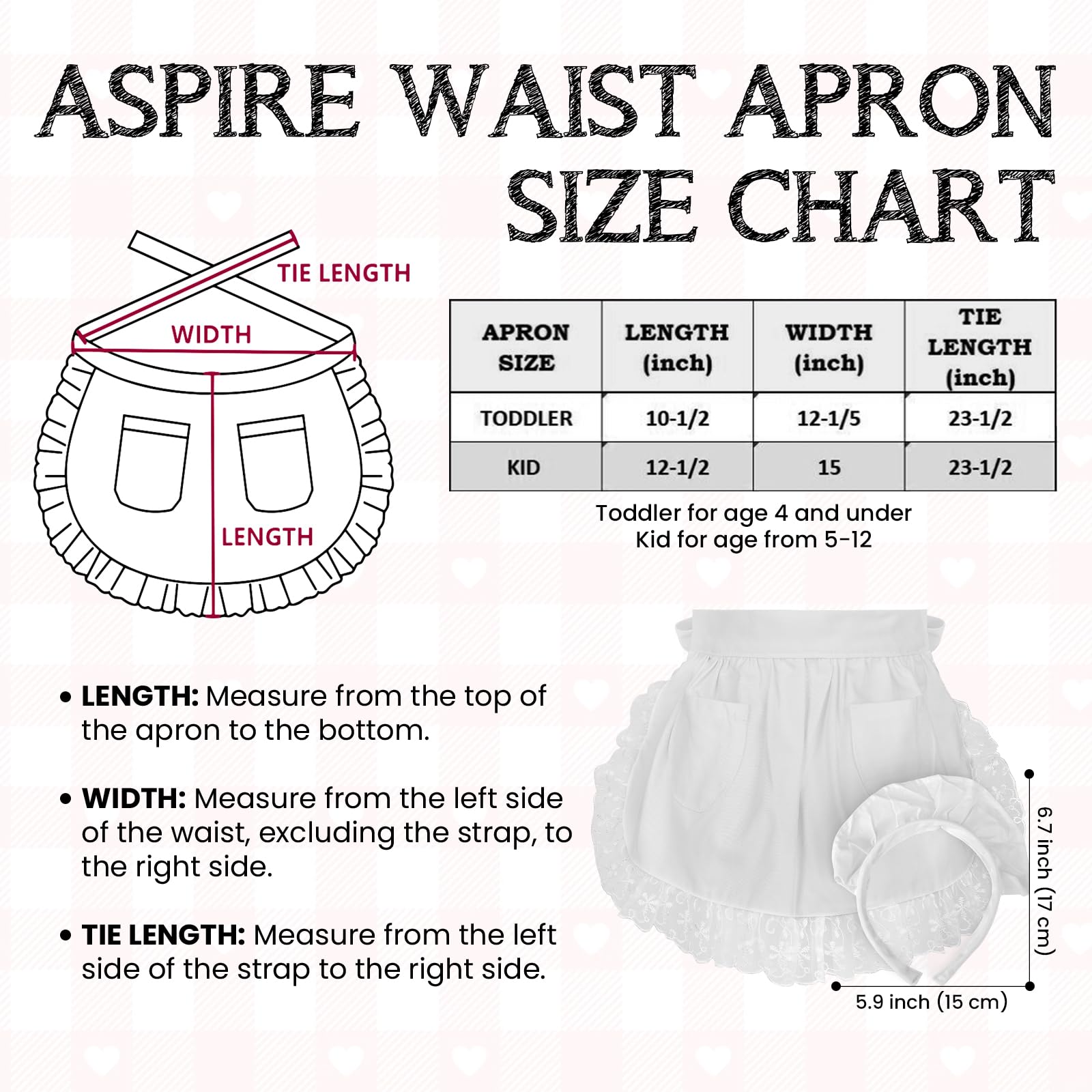 Aspire Waist Apron and Headband Set, Halloween Women's White Lace Cotton Half Apron Costume Maid Apron with Pockets - M - Image 2