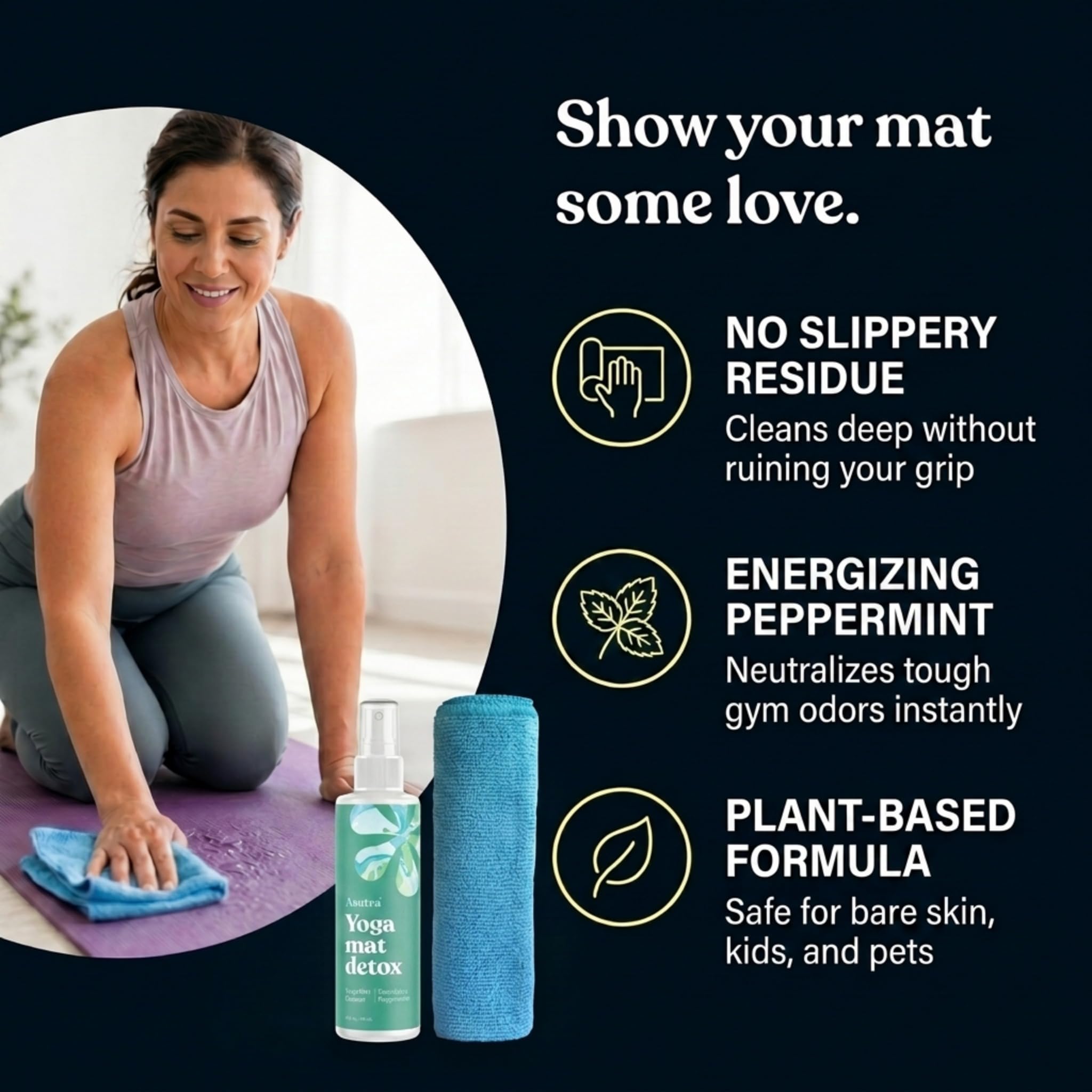 ASUTRA Yoga Mat Cleaner Spray (Energizing Peppermint), 4 fl oz - No Slippery Residue, Organic Essential Oils, Deep-Cleansing for Fitness Gear & Gym Equipment, Microfiber Towel Included