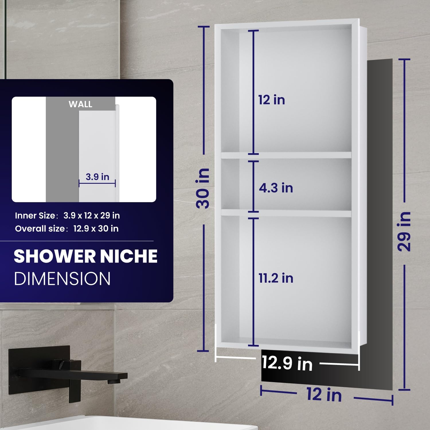 Stainless Steel Shower Niche 12 x 30, 3-Tier Shower Niches No Tile Needed, Recessed Niche for Shower Wall, Shower Niche Shelf for Bathroom Storage, White
